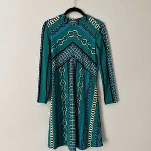 Free People Green Blue Boho Fit & Flare Stretch Mock Neck Mini Dress Size XS TP